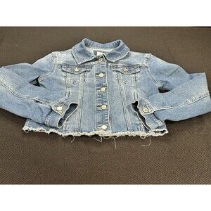 SO Girls Denim Jean Jacket L 10/12 Cropped Frayed Hem Blue Trucker